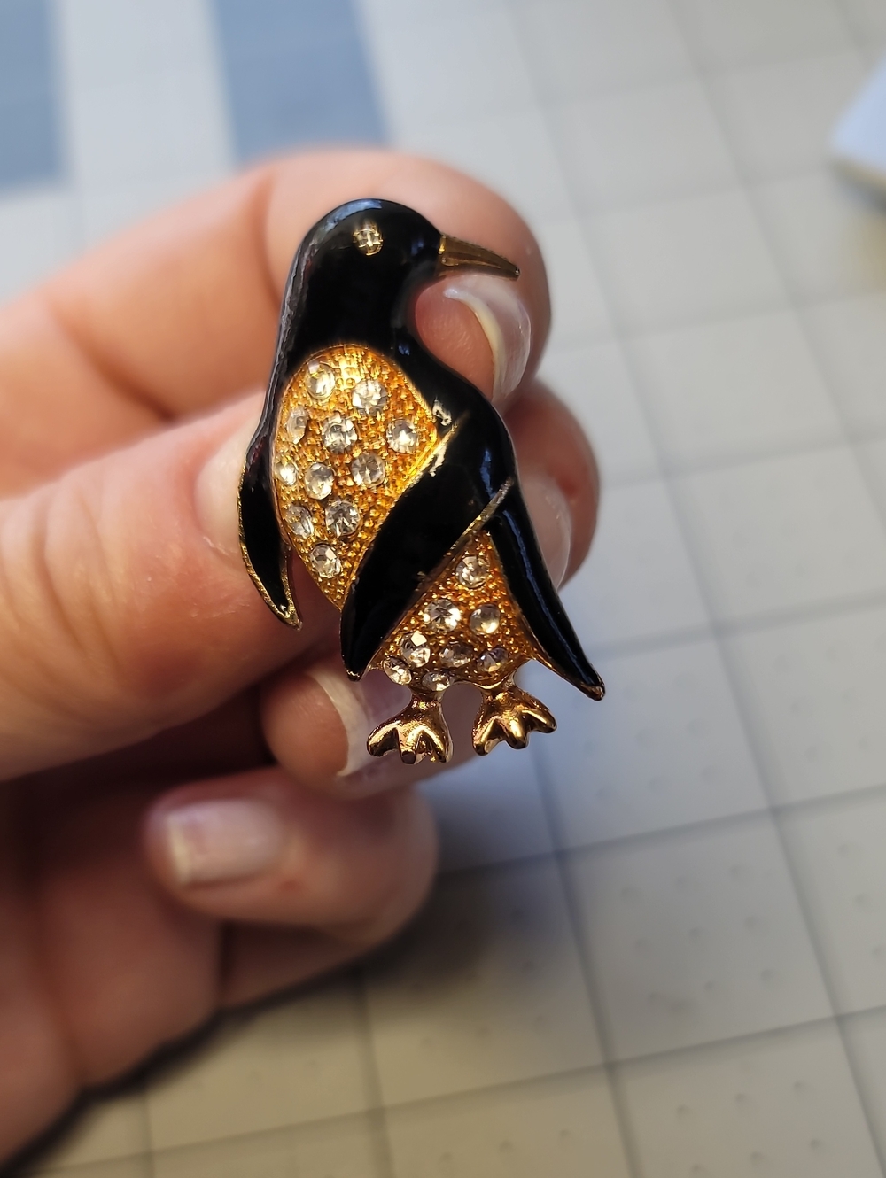 Vintage Gold and Black Penguin Brooch with Crystal Accents